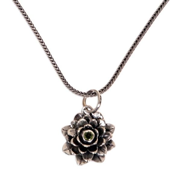 Alternate image for Floral Sterling Silver and Peridot Pendant Necklace Sacred Green Lotus