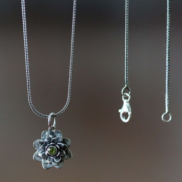 Alternate image for Floral Sterling Silver and Peridot Pendant Necklace Sacred Green Lotus