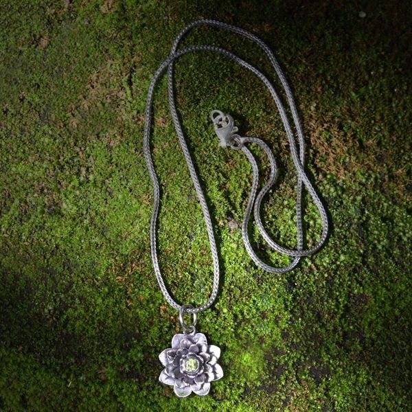 Alternate image for Floral Sterling Silver and Peridot Pendant Necklace Sacred Green Lotus