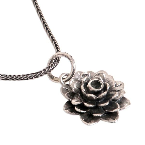Alternate image for Floral Sterling Silver and Peridot Pendant Necklace Sacred Green Lotus