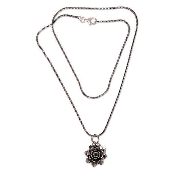 Alternate image for Floral Sterling Silver and Peridot Pendant Necklace Sacred Green Lotus