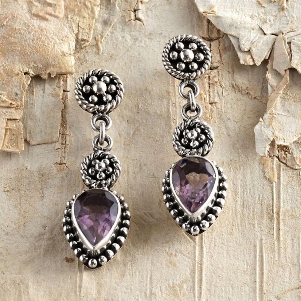 Sterling Silver and Amethyst Dangle Earrings 'Balinese Jackfruit'