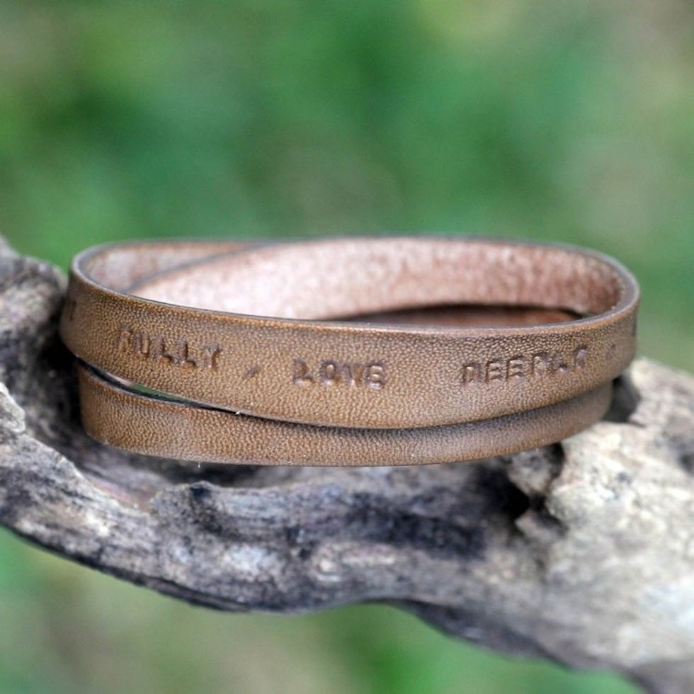 Unique Inspirational Leather Wrap Bracelet 'Live Fully in Brown'