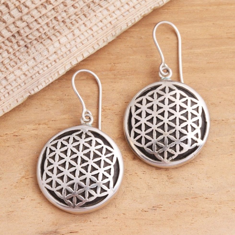 Hand Crafted Sterling Silver Dangle Earrings 'Flower of Life'