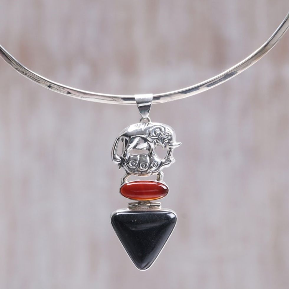 Hand Crafted Sterling Silver and Carnelian Necklace 'Elephant'
