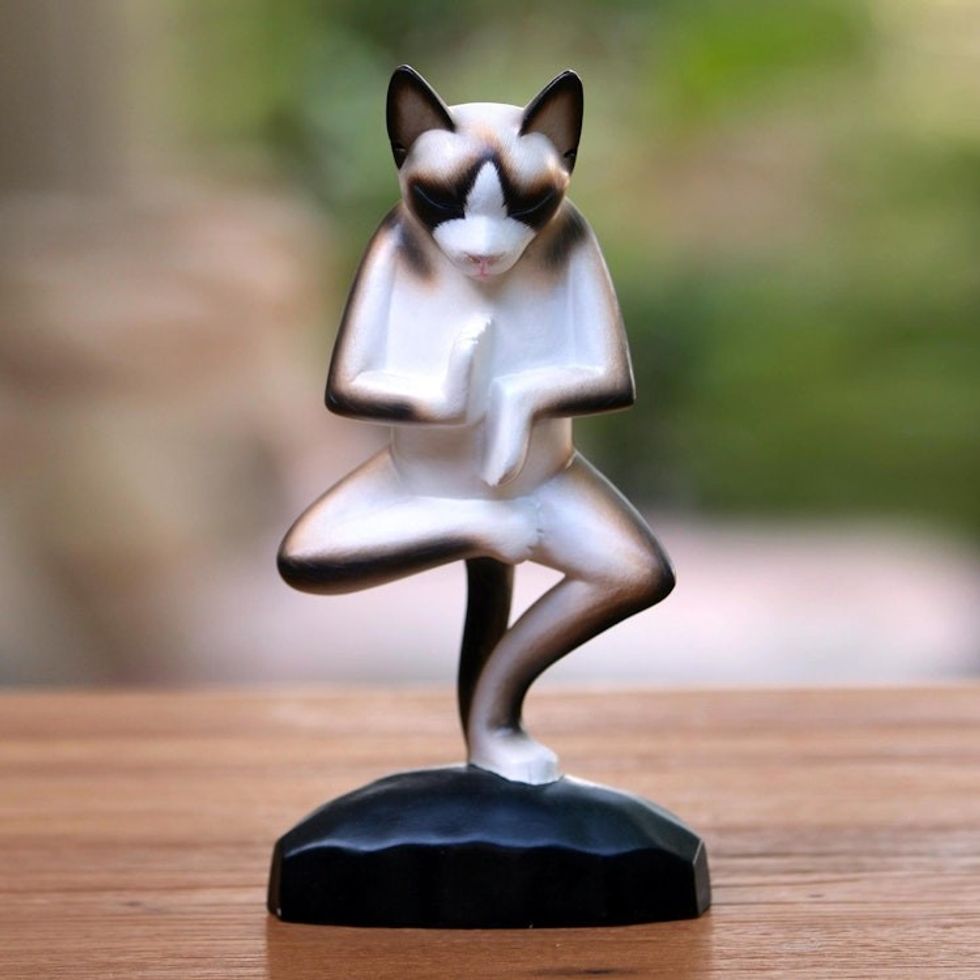 Wood sculpture 'Vrkasana Yoga Cat'