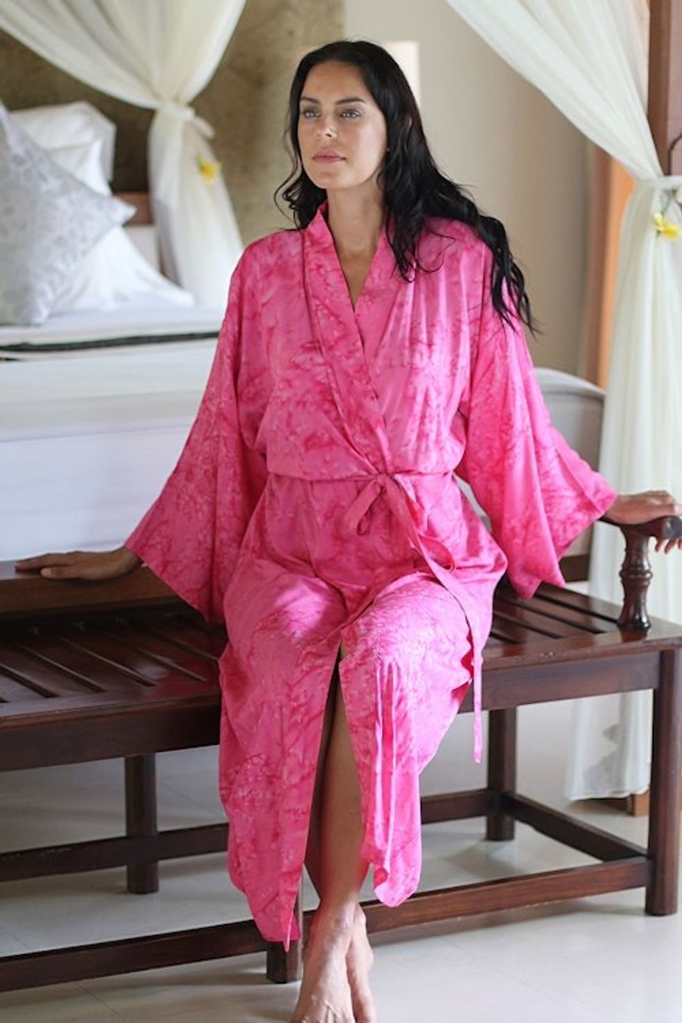 Women's Batik Patterned Robe from Indonesia 'Crimson Destiny'