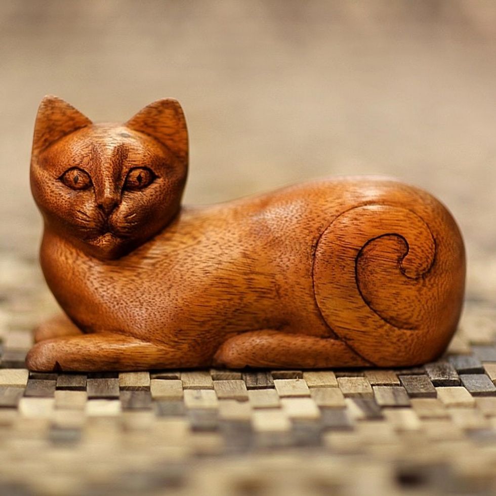 Wood Kitty Sculpture from Indonesia 'Balinese Cat'