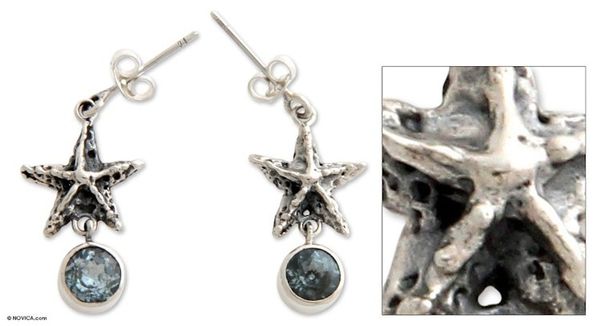 Alternate image for Artisan Crafted Silver and Blue Topaz Dangle Earrings Balinese Starfish