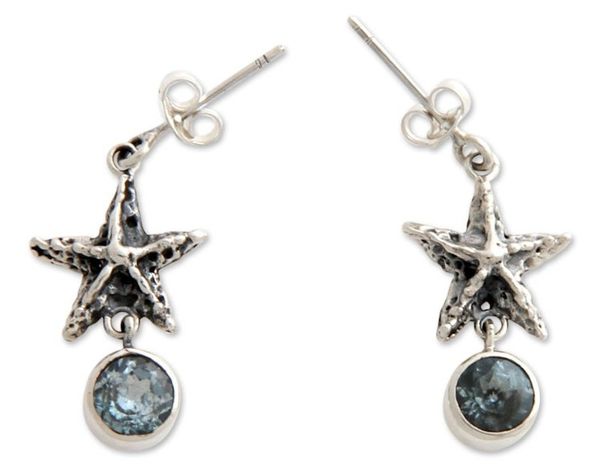 Alternate image for Artisan Crafted Silver and Blue Topaz Dangle Earrings Balinese Starfish