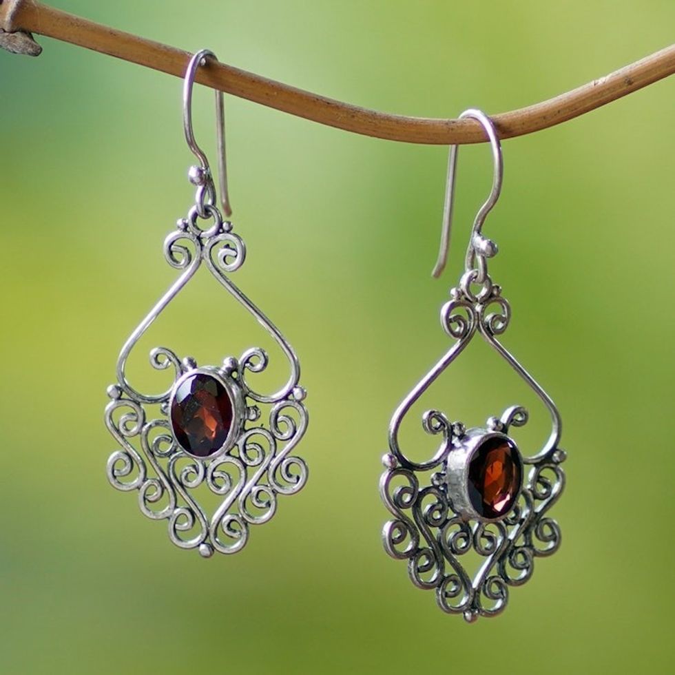 Sterling Silver and Garnet Dangle Earrings 'Bali Dynasty'