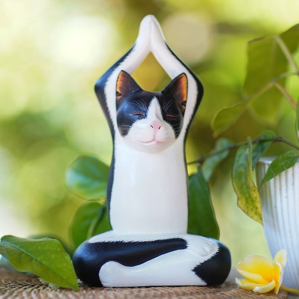 Wood sculpture 'Toward the Sky Yoga Tuxedo Cat'
