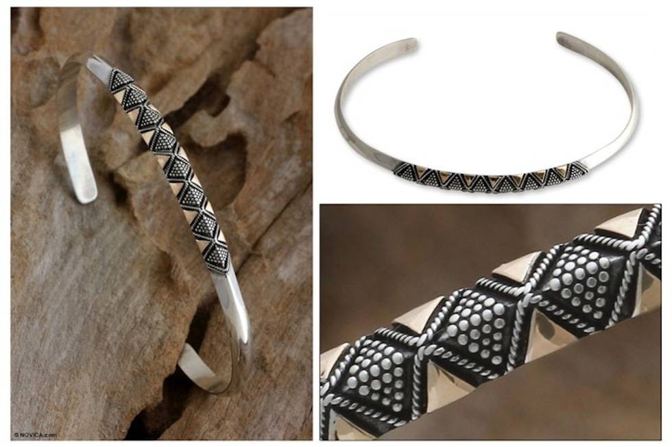 Hand Crafted Gold Accent and Sterling Silver Cuff Bracelet 'Golden Garden'