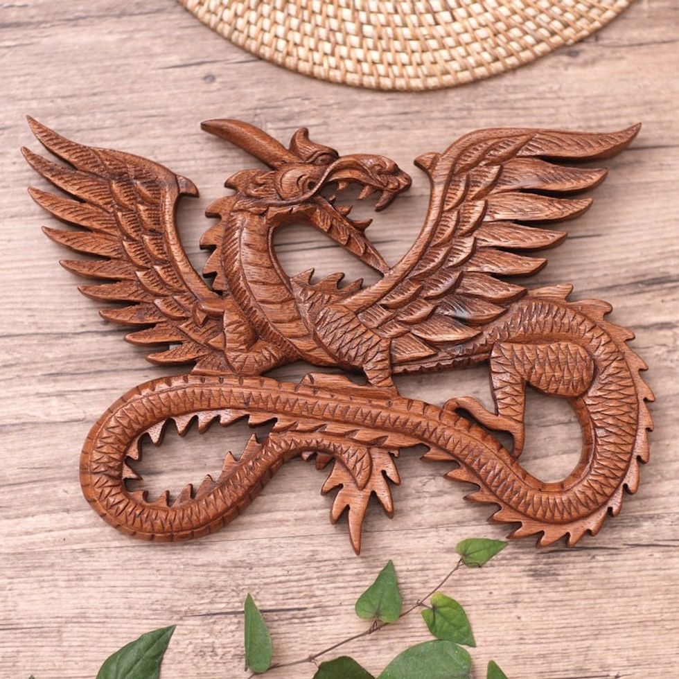 Suar Wood Wall Sculpture 'Flying Dragon'