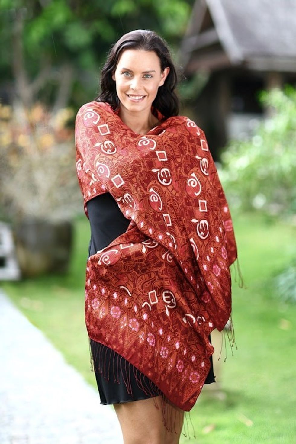 Handmade Silk Batik Shawl 'Red Modern Art'