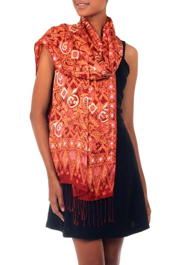 Alternate image for Handmade Silk Batik Shawl Red Modern Art