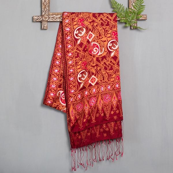 Alternate image for Handmade Silk Batik Shawl Red Modern Art