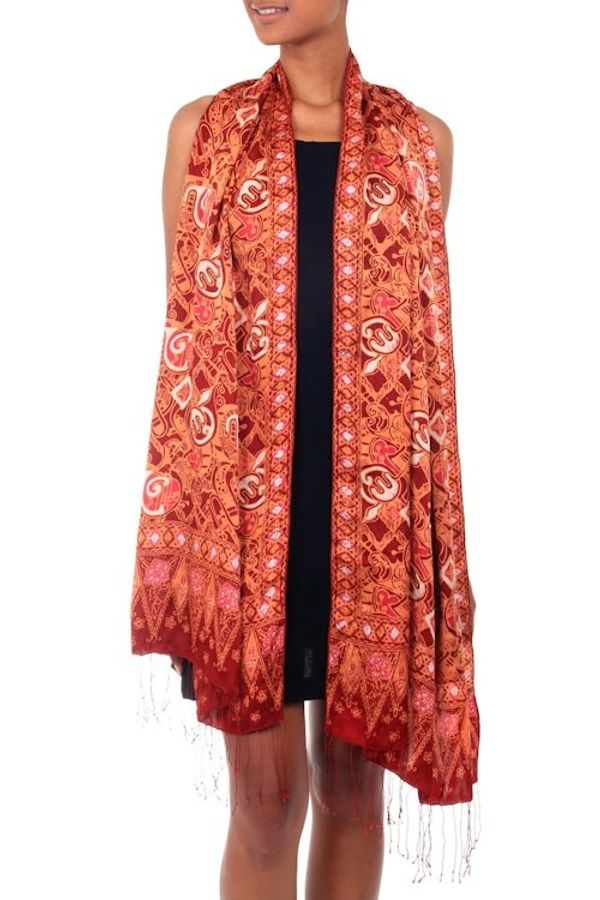 Alternate image for Handmade Silk Batik Shawl Red Modern Art