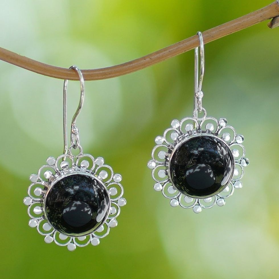 Floral Sterling Silver Onyx Dangle Earrings 'Lacy Halo'