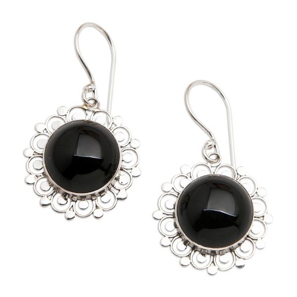 Alternate image for Floral Sterling Silver Onyx Dangle Earrings Lacy Halo