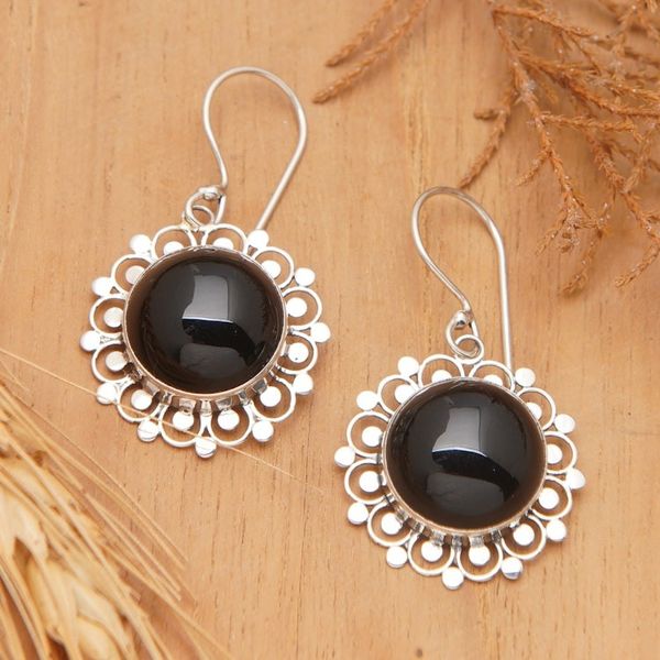 Alternate image for Floral Sterling Silver Onyx Dangle Earrings Lacy Halo