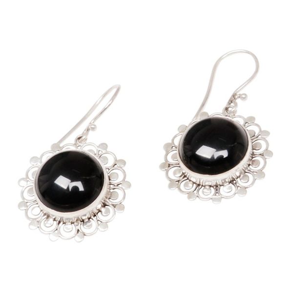 Alternate image for Floral Sterling Silver Onyx Dangle Earrings Lacy Halo