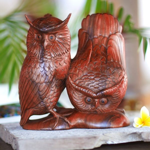 Alternate image for Hand Made Wood Bird Sculpture Owl Couple