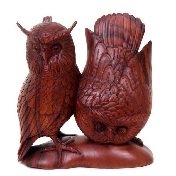 Alternate image for Hand Made Wood Bird Sculpture Owl Couple