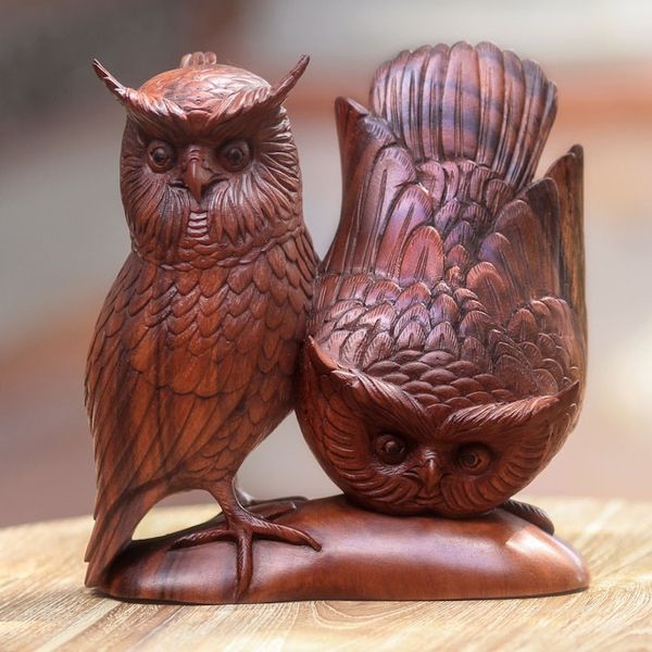 Alternate image for Hand Made Wood Bird Sculpture Owl Couple