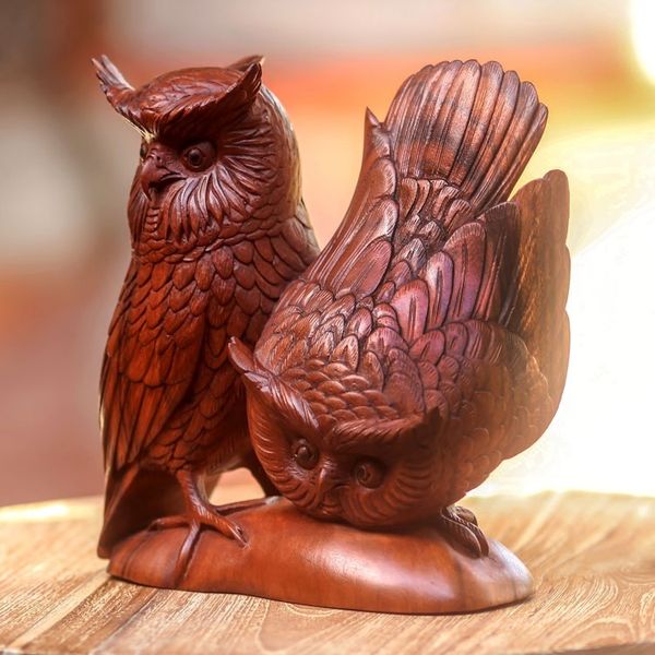 Alternate image for Hand Made Wood Bird Sculpture Owl Couple