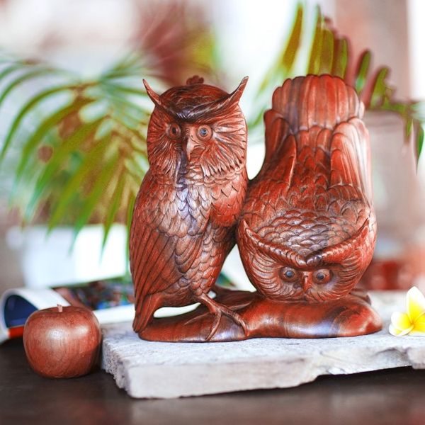 Alternate image for Hand Made Wood Bird Sculpture Owl Couple