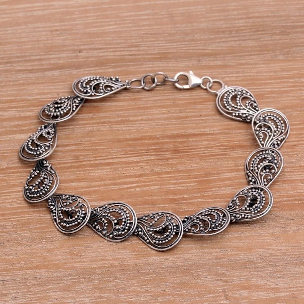 Handcrafted Sterling Silver Link Bracelet from Indonesia 'Dewdrop Petals'