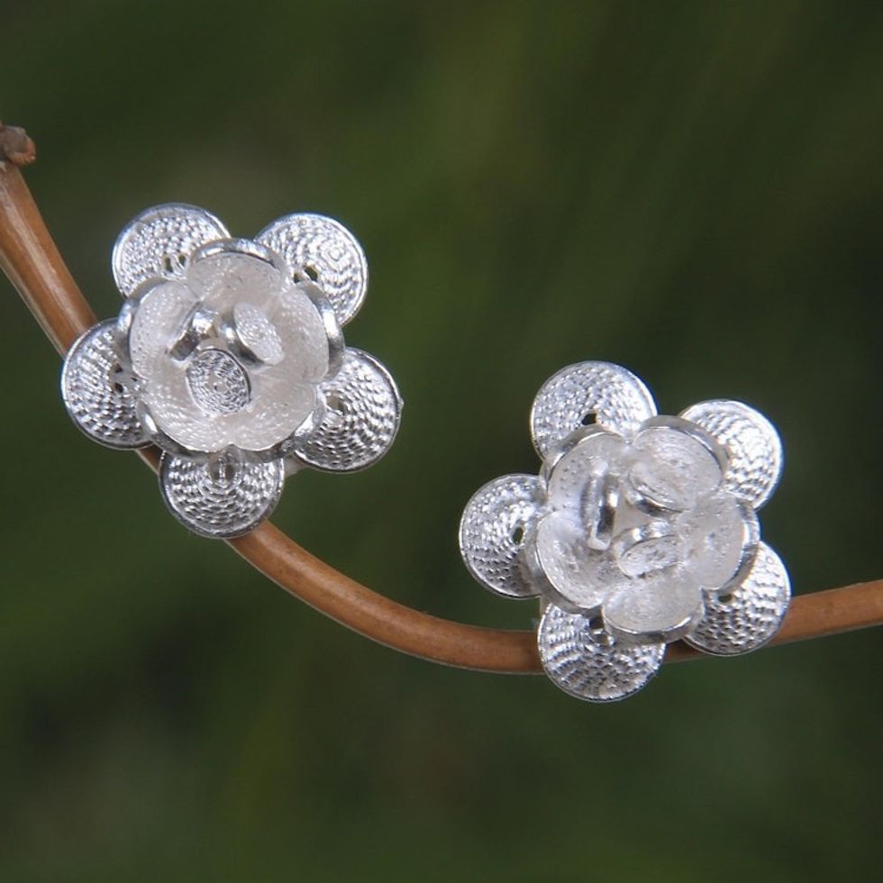 Indonesian Sterling Silver Floral Button Earrings 'Desert Rose'