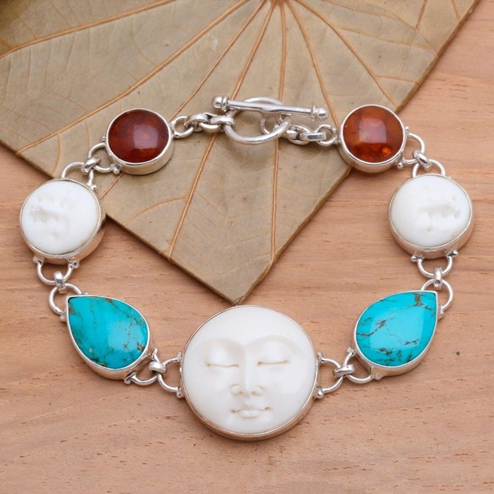 Carved Bone Sterling Silver Bracelet 'Goddesses'