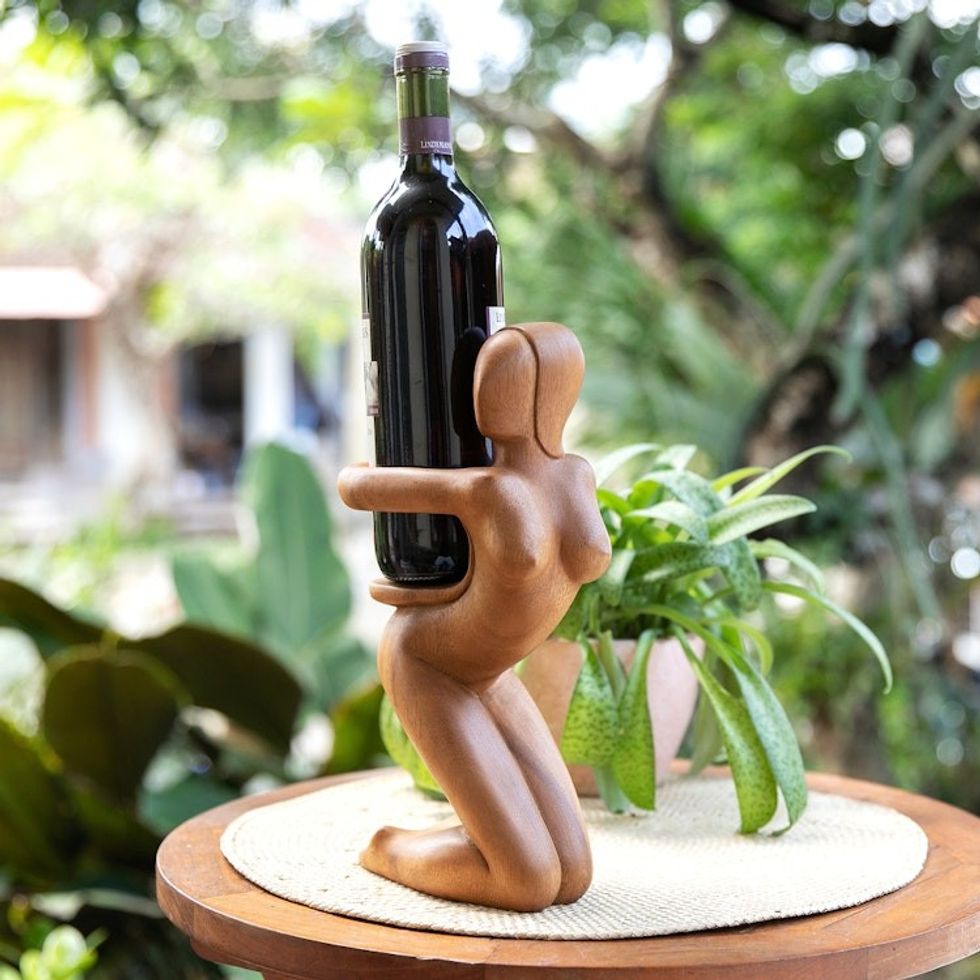 Carved Wood Wine Bottle Holder 'The Surprise'