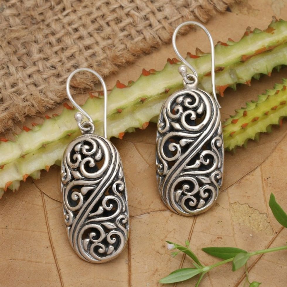Balinese Sterling Silver Swirl Motif Dangle Earrings 'Forest of Vines'