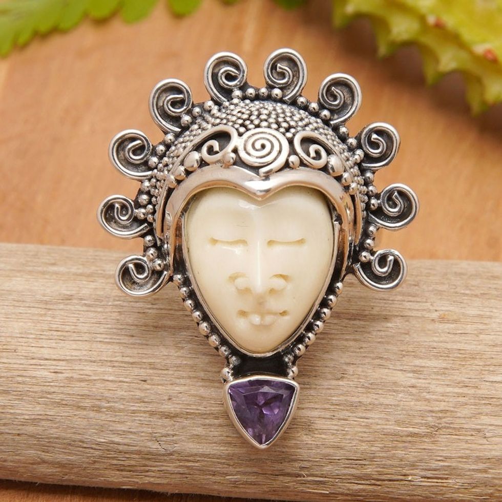 Amethyst Sterling Silver Bone Cocktail Ring from Indonesia 'Saraswati Face in Purple'