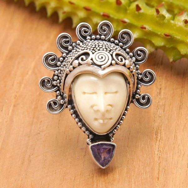 Alternate image for Amethyst Sterling Silver Bone Cocktail Ring from Indonesia Saraswati Face in Purple