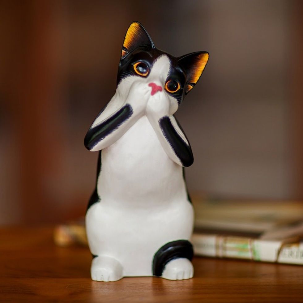 Wood Sculpture from Indonesia 'Speak No Evil Spotted Cat'