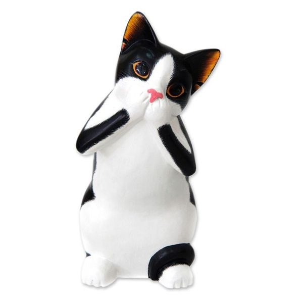 Alternate image for Wood Sculpture from Indonesia Speak No Evil Spotted Cat