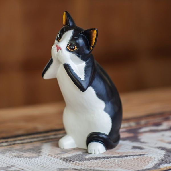 Alternate image for Wood Sculpture from Indonesia Speak No Evil Spotted Cat