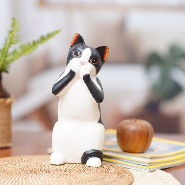 Alternate image for Wood Sculpture from Indonesia Speak No Evil Spotted Cat