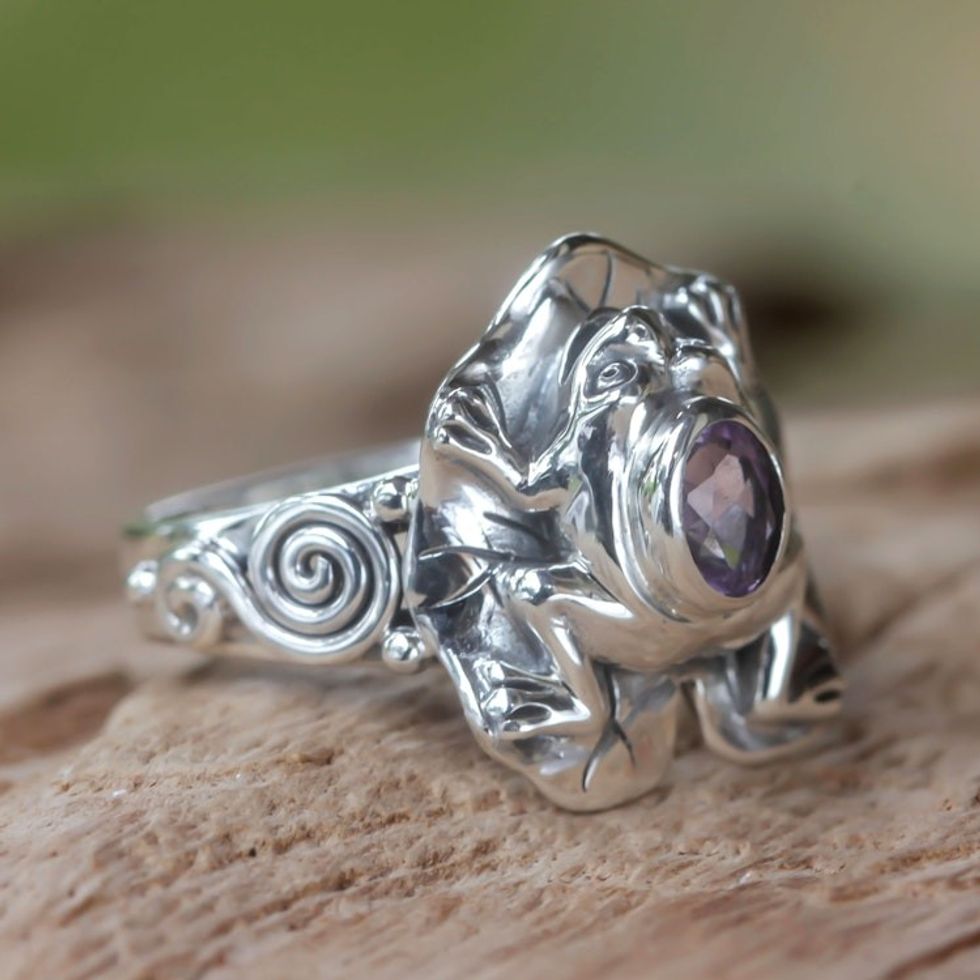 Amethyst and Silver Frog Cocktail Ring 'Lilac Rainforest Frog'
