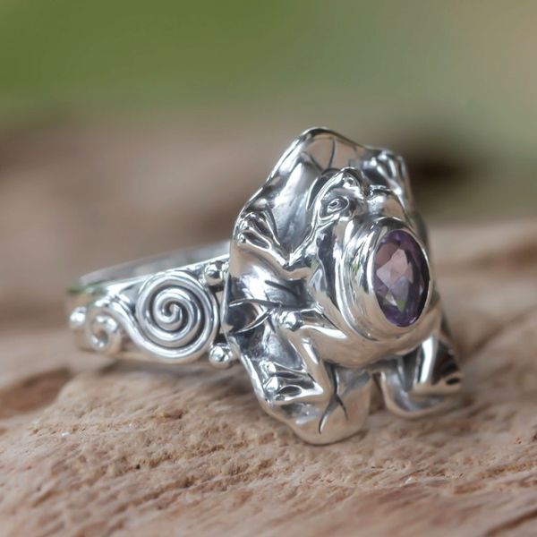 Alternate image for Amethyst and Silver Frog Cocktail Ring Lilac Rainforest Frog