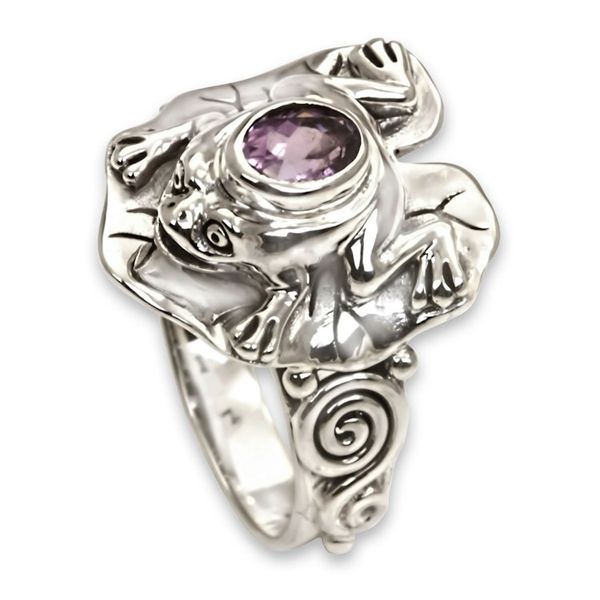 Alternate image for Amethyst and Silver Frog Cocktail Ring Lilac Rainforest Frog