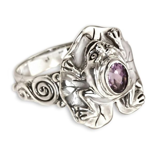 Alternate image for Amethyst and Silver Frog Cocktail Ring Lilac Rainforest Frog