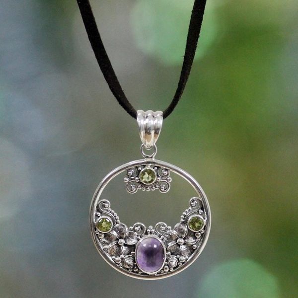 Alternate image for Peridot Amethyst and Sterling Silver Necklace Bali Jewelry Frangipani Moon