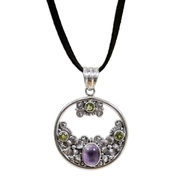 Alternate image for Peridot Amethyst and Sterling Silver Necklace Bali Jewelry Frangipani Moon