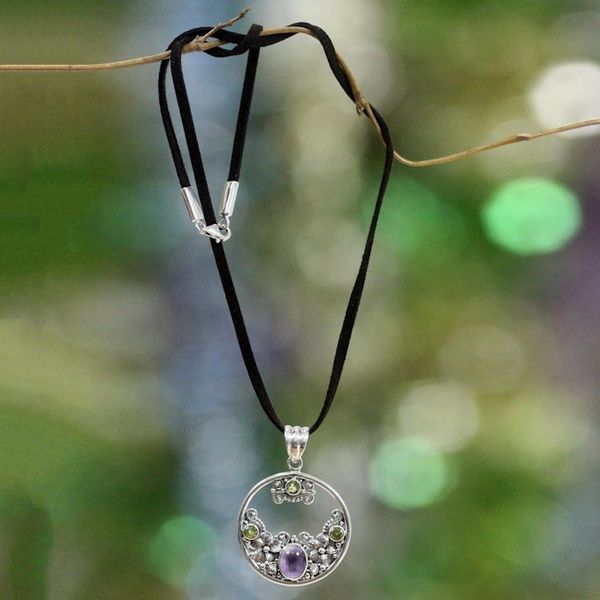 Alternate image for Peridot Amethyst and Sterling Silver Necklace Bali Jewelry Frangipani Moon
