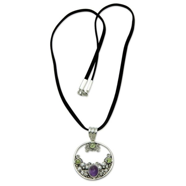 Alternate image for Peridot Amethyst and Sterling Silver Necklace Bali Jewelry Frangipani Moon
